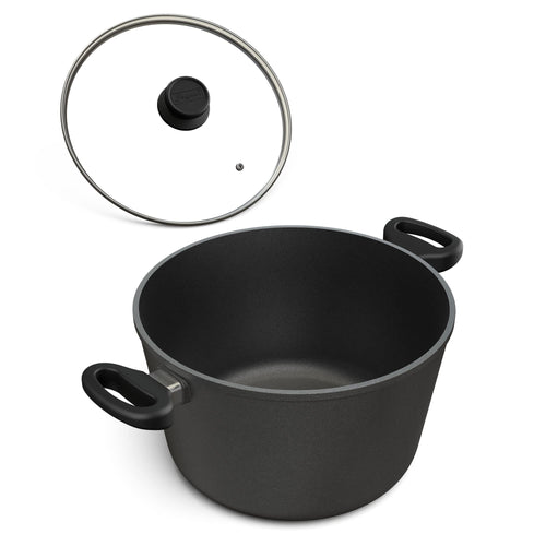 Hoffmann Induktions Schmortopf Aluguss beschichtet 28cm 8L. Runder, tiefer, dunkelgrauer Schmortopf zum langsamen Garen und Schmoren auf Induktionskochfeldern.