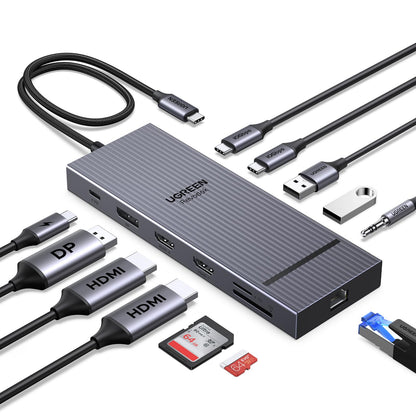 UGREEN Revodok Pro 3121 Triple Display Dock – 4K HDMI/DP. Graues Rechteck. Erweitert Laptops um drei externe Bildschirme.