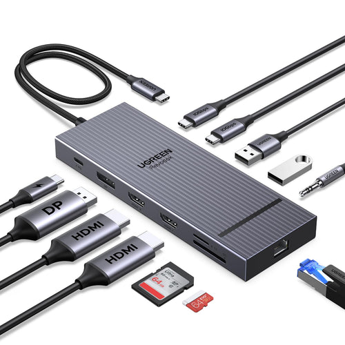 UGREEN Revodok Pro 3121 Triple Display Dock – 4K HDMI/DP. Graues Rechteck. Erweitert Laptops um drei externe Bildschirme.