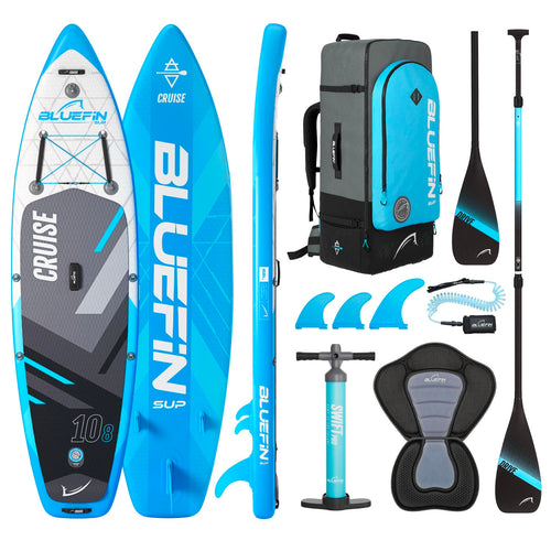 Bluefin SUP CRUISE 2020 Stand Up Paddle Board Set - Blau 10"8': Blaues aufblasbares SUP-Board zum Stehpaddeln auf Gewässern.