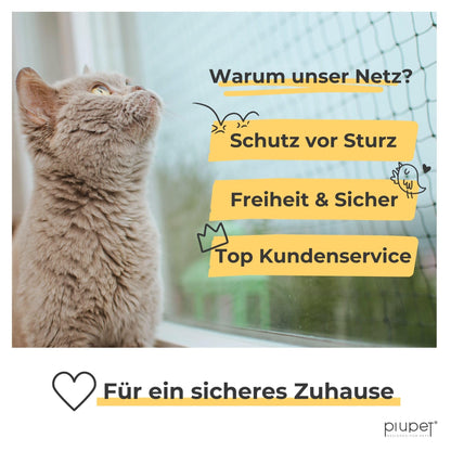 PiuPet Katzennetz drahtverstärkt 8x3m schwarz inkl. Befestigungsset