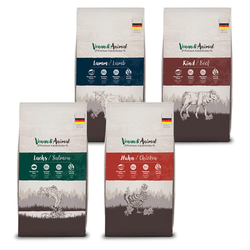 VenandiAnimal Probierpaket Lamm Trockenfutter Katze - 4x 1.5 kg: Vier Beutel mit braunen Kroketten zur Vollnahrung ausgewachsener Katzen.