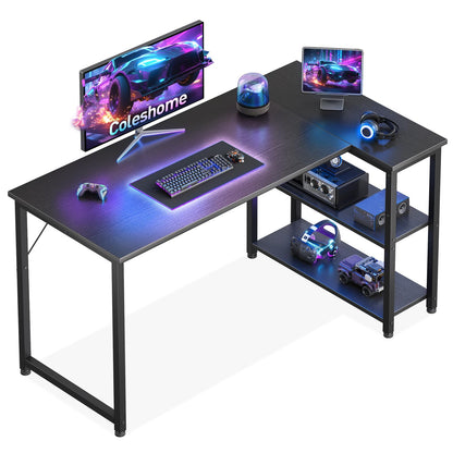 Coleshome Gaming Tisch L-förmig, Eckschreibtisch 120x70 cm, schwarz mit Ablagefach und Stahlrahmen