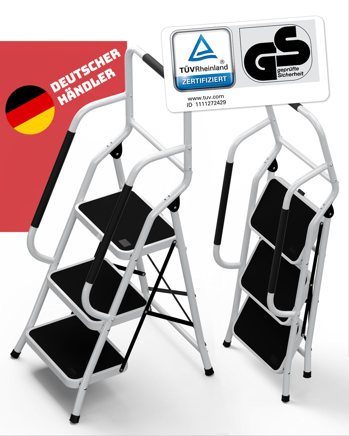 Sicherheitsleiter 3-Stufen klappbar mit Handlauf, Weiss – TÜV geprüft. Für sicheren Zugang zu erhöhten Arbeitsbereichen.