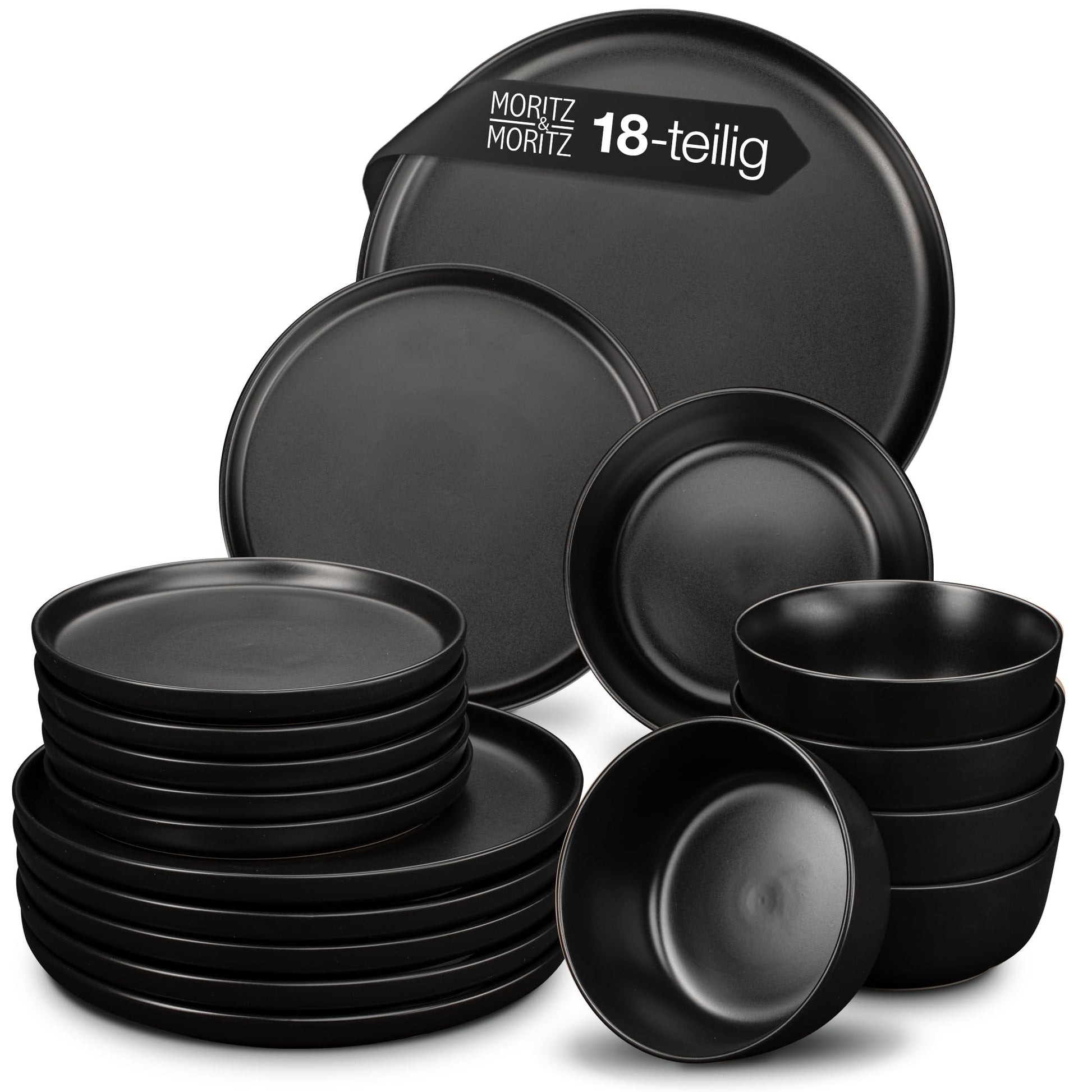 Moritz & Moritz NORDIC Geschirrset 6P Schwarz - 18-teilig Steingut: Schwarzes Steingut-Set mit Tellern, Schalen und Tassen zum Servieren von Speisen.