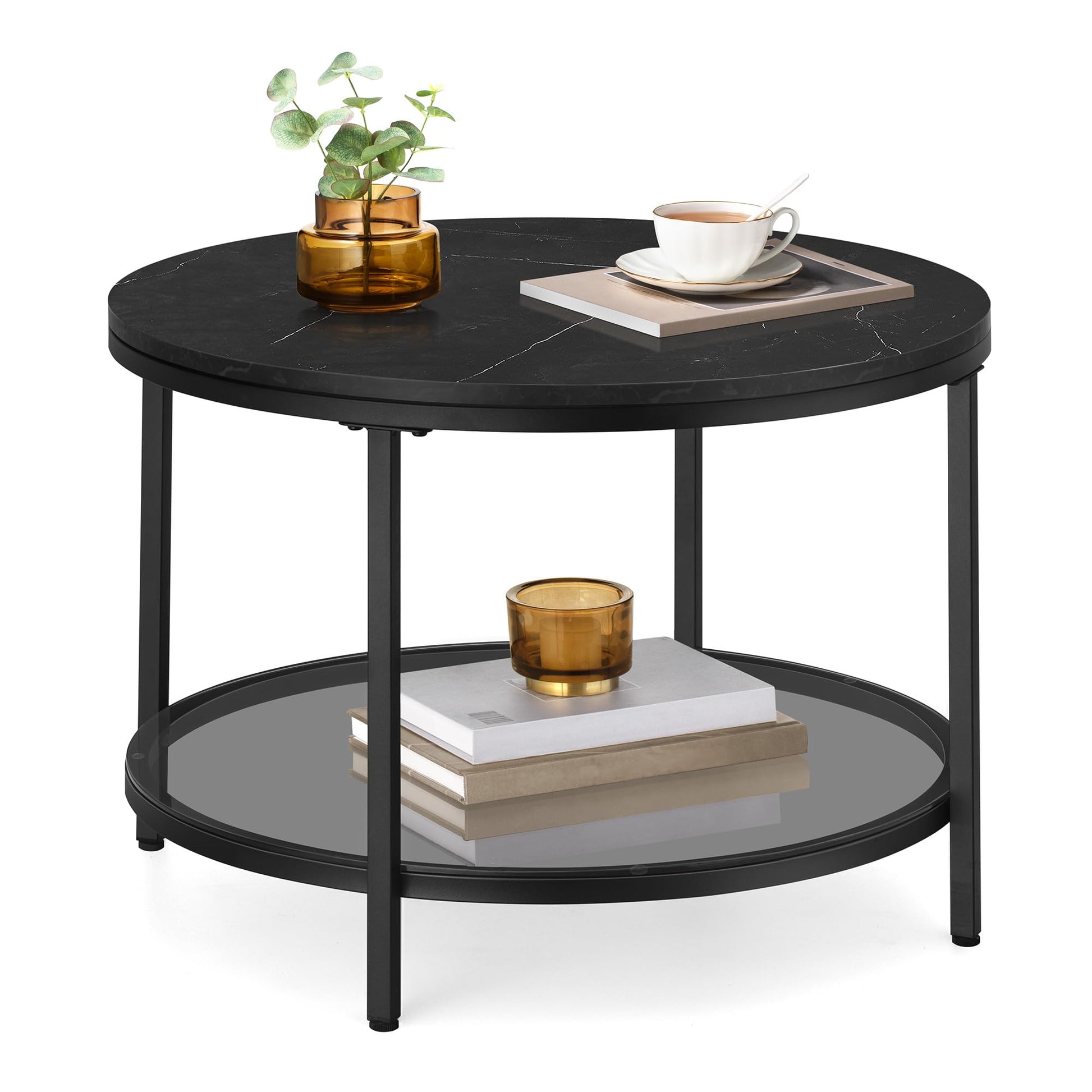 VASAGLE LCT072B58 Couchtisch Glasplatte - Marmorschwarz. Rechteckiger Beistelltisch aus Glas in Marmor-Optik, dient als Ablagefläche im Wohnzimmer.