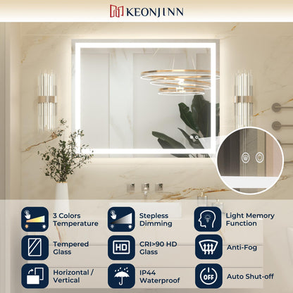 Keonjinn LED Badspiegel 60x80 cm, beschlagfrei, dimmbar, 3 Lichtfarben