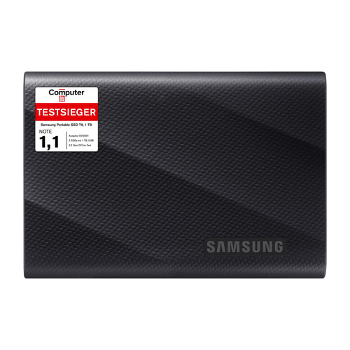 Samsung Portable SSD T9 Professionelle Externe SSD - 1 TB. Rechteckiges, schwarzes Speichermedium für schnelle externe Datenübertragung und -sicherung.