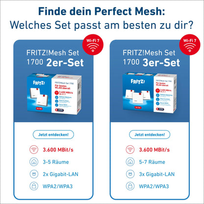 FRITZ! Mesh Set 1700, Wi-Fi 7 Mesh-WLAN bis 3.600 MBit/s, 2er-Set