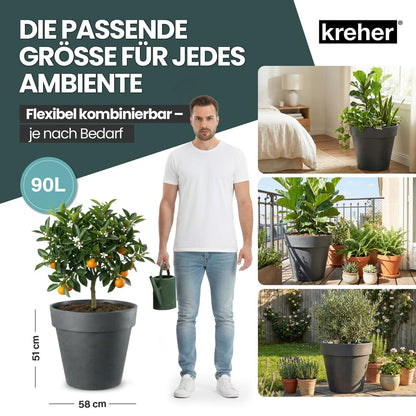 Kreher XL Pflanzkübel rund mit Rollen, 58 cm, Anthrazit, 2er-Set
