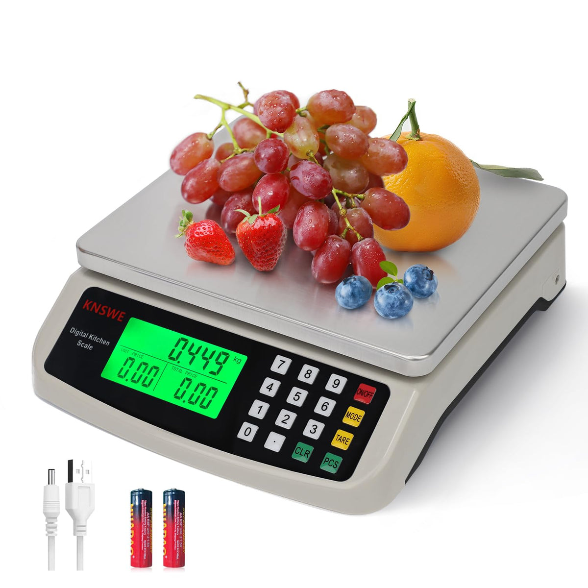 KNSWE Küchenwaage Digital Edelstahl 40 kg mit Zähl- und Tarafunktion, beleuchtetes LCD-Display