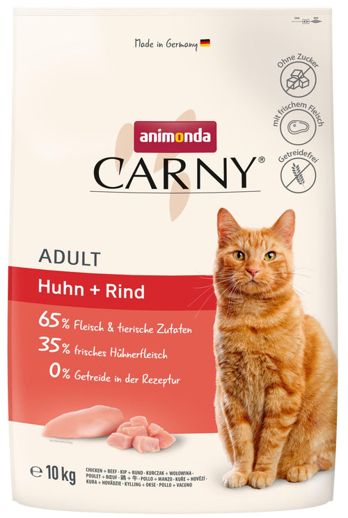 animonda Carny Adult Katzen Trockenfutter – Huhn & Rind 10kg: braune Kroketten. Alleinfuttermittel für erwachsene Katzen.