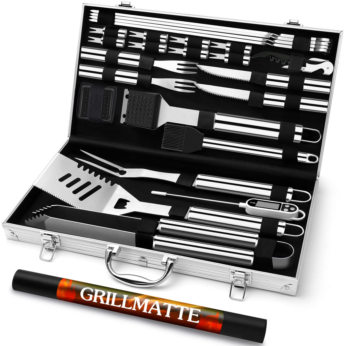 Grilliance Grillbesteck Set 26-teilig aus Edelstahl mit Koffer, silber, inklusive Fleischthermometer
