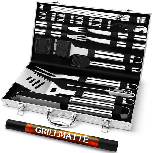 Grilliance Grillbesteck Set 26-teilig aus Edelstahl mit Koffer, silber, inklusive Fleischthermometer