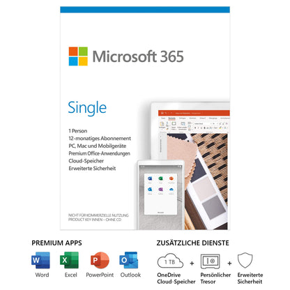 Microsoft 365 Single Jahresabonnement - 1 Nutzer Box. Weiße Box. Ermöglicht Zugriff auf cloudbasierte Office-Produktivitäts-Software für ein Jahr.