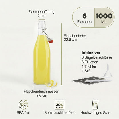 casavetro Bügelflaschen 1000 ml Glas mit Bügelverschluss, 6er-Set