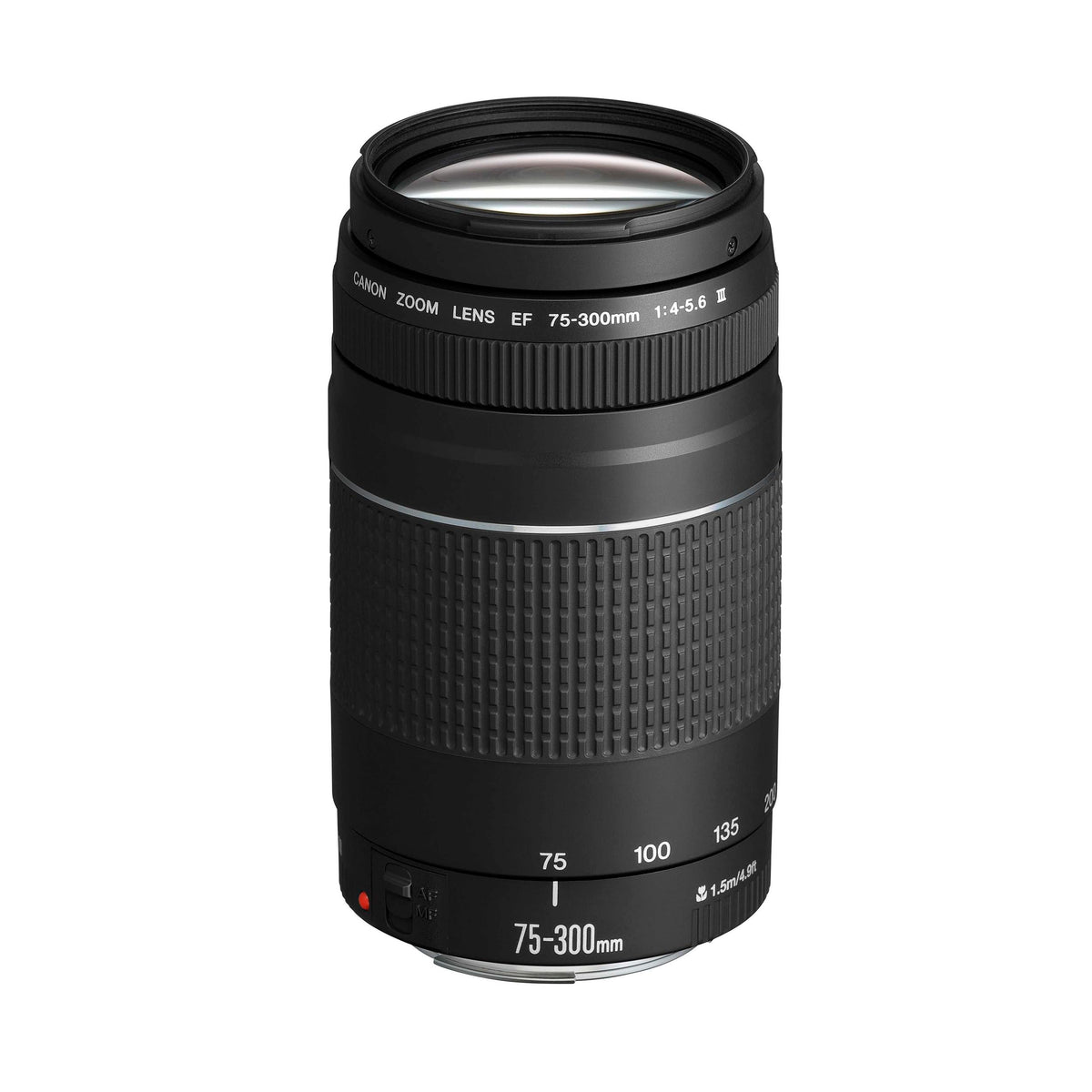 Canon EF 75-300mm F4.0-5.6 III Zoomobjektiv schwarz. Schwarzes, zylindrisches Objektiv für Tele-Aufnahmen an Canon EF Kameras.
