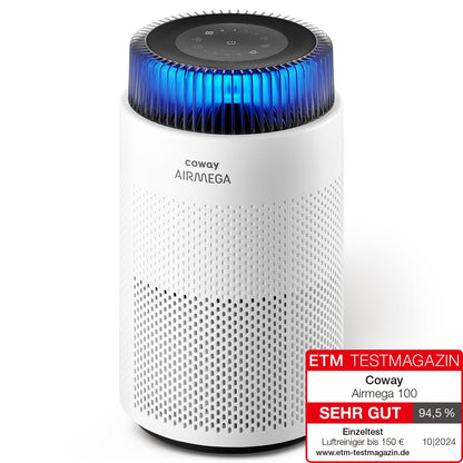COWAY Airmega 100 Luftreiniger für Allergiker mit ECARF-Siegel. Weißer Quader. Filtert Allergene und Feinstaub in Räumen.