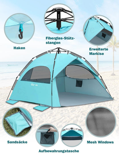 Glymnis Quick Up Strandzelt mit UV-Schutz 50+, blau, für 4-6 Personen