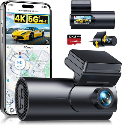 GKU D600Pro 4K Dashcam Auto vorne und hinten mit GPS und WiFi – kompakte Dual-Kamera mit 1,47-Zoll-Display