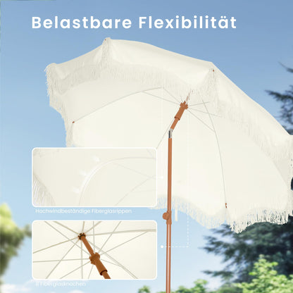 PHI VILLA Sonnenschirm 200 cm knickbar mit Fransen, Milchweiss
