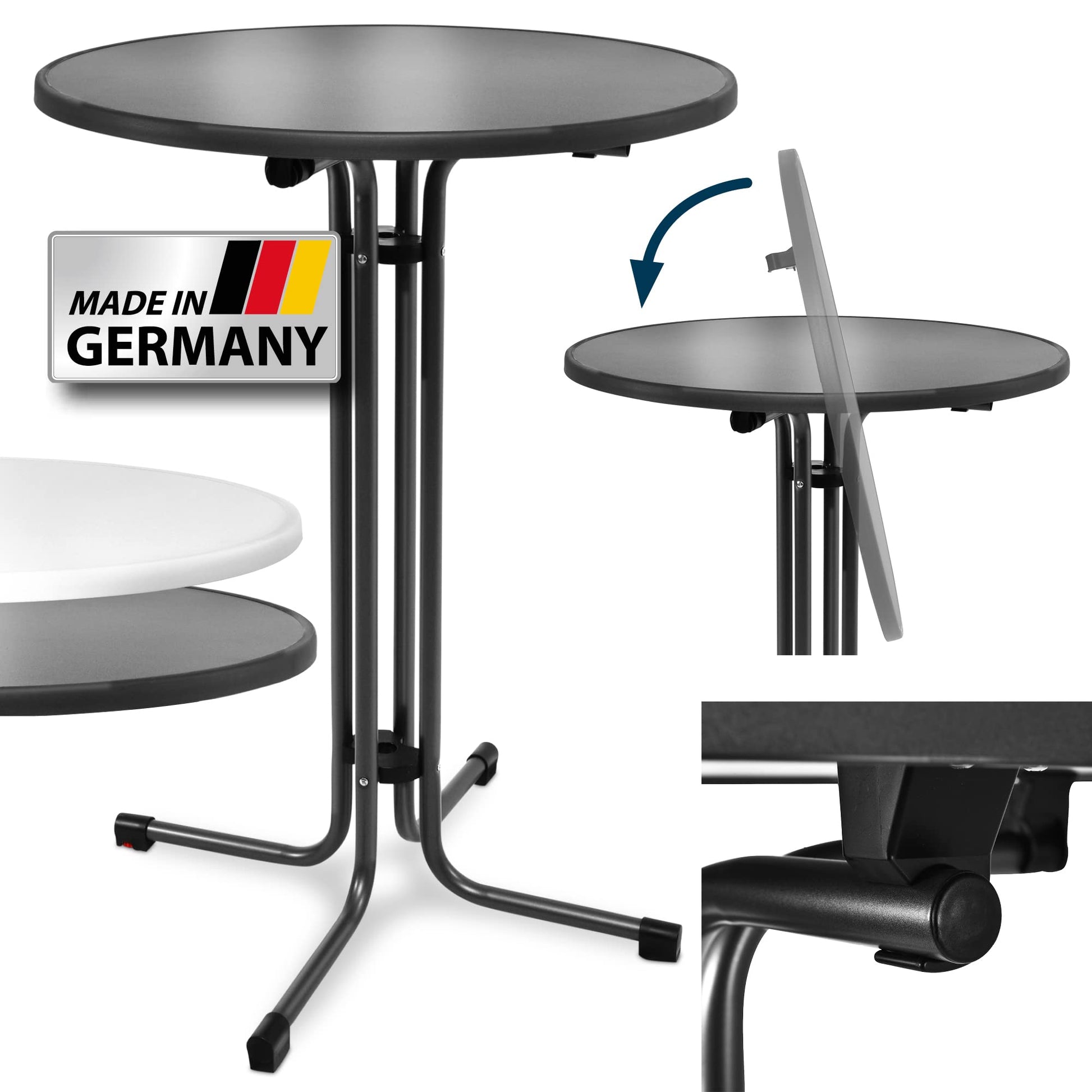 Beautissu Sylt Stehtisch Klappbar – 80cm Rund Anthrazit Outdoor. Faltbarer, runder Stehtisch in Anthrazit für den Einsatz im Außenbereich.