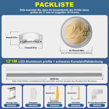 Molfanco LED Aluminiumprofil U-Profil silber 12 x 1 m mit Abdeckung