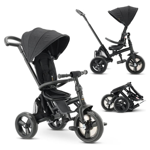 Deryan Explorer Kinderdreirad mit Schubstange, klappbar, Schwarz, ausklappbares Verdeck mit Sonnenschutz