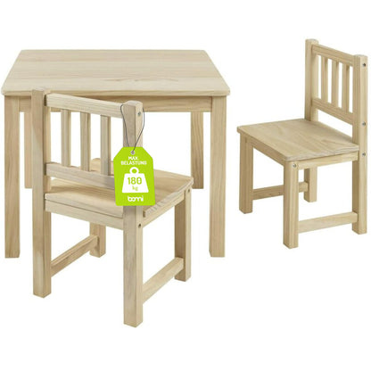 Bomi Amy Kindertisch 2 Stühle – Naturholz Set. Rechteckiger Tisch und zwei Stühle aus hellem Naturholz für Kinder zum Spielen und Malen.