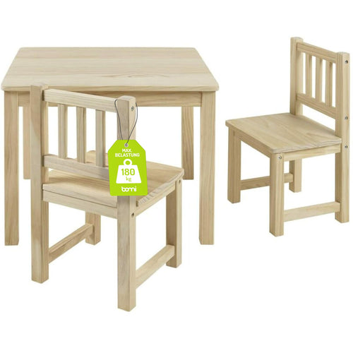 Bomi Amy Kindertisch 2 Stühle – Naturholz Set. Rechteckiger Tisch und zwei Stühle aus hellem Naturholz für Kinder zum Spielen und Malen.