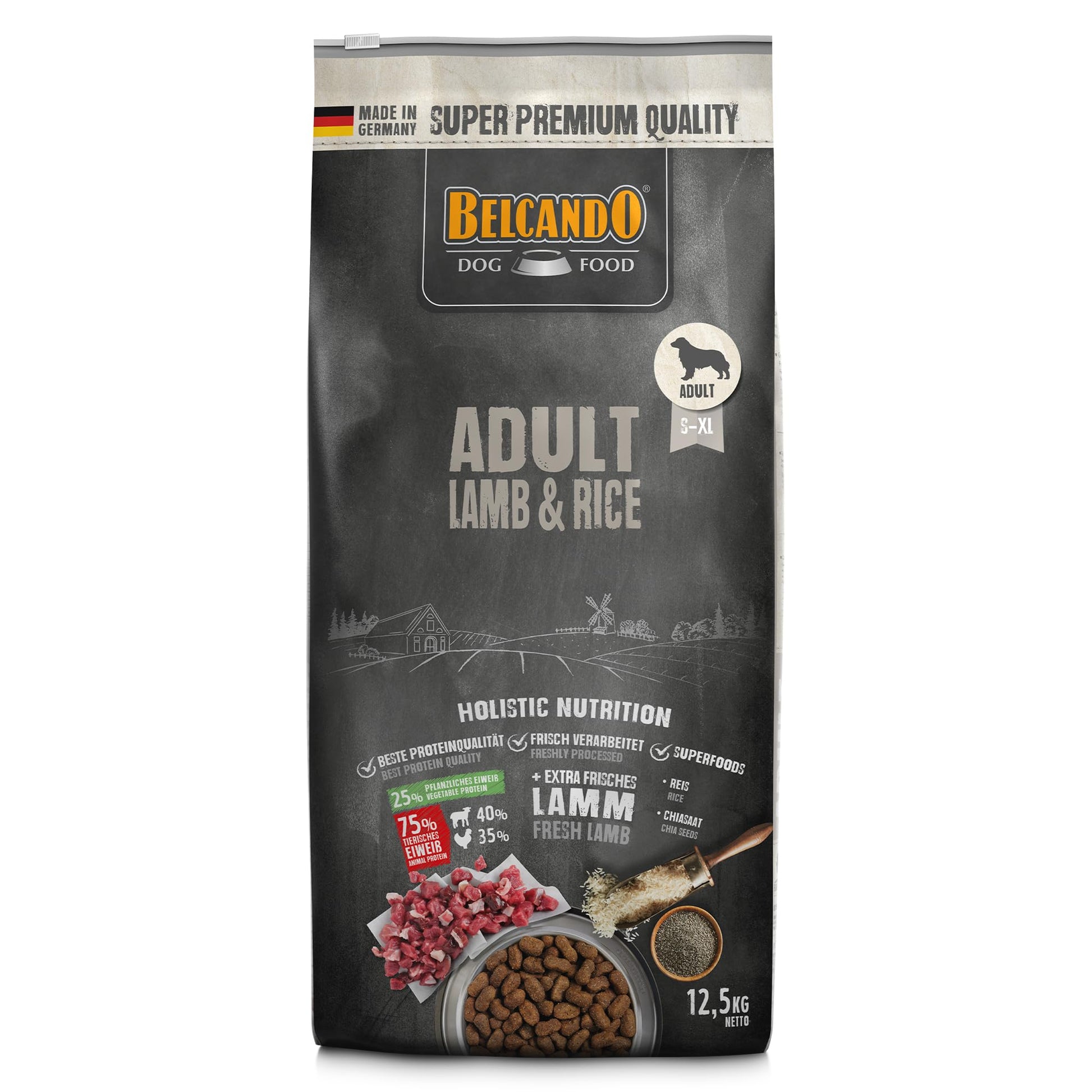 BELCANDO Adult Lamb & Rice Trockenfutter für empfindliche Hunde - 12,5 kg. Braune, unregelmäßige Kroketten zur täglichen Ernährung.