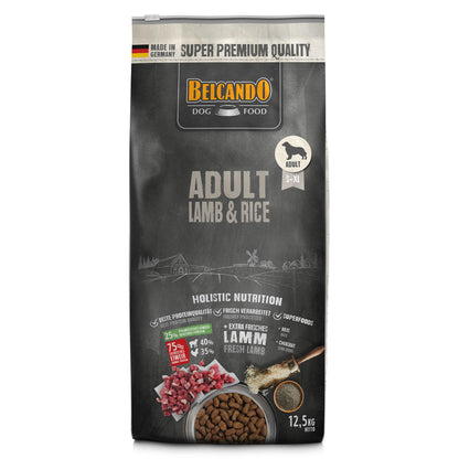 BELCANDO Adult Lamb & Rice Trockenfutter für empfindliche Hunde - 12,5 kg. Braune, unregelmäßige Kroketten zur täglichen Ernährung.