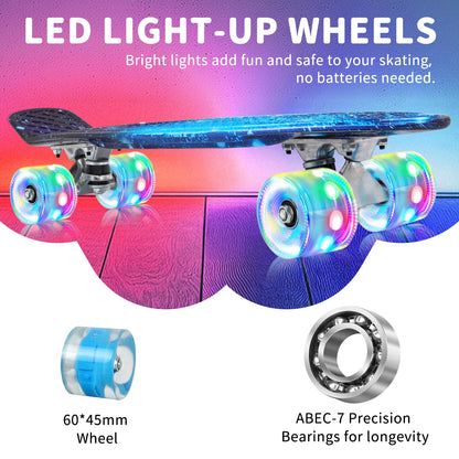BELEEV Kinder Skateboard 22 Zoll Mini Cruiser mit LED Leuchtrollen