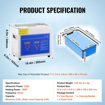 VEVOR Ultraschallreiniger 3L Reiniger ultraschallgerät Ultraschallreinigungsgerät Ultrasonic Cleaner mit Heizung Digital Timer for glasses Jewellery False Teeth Coins