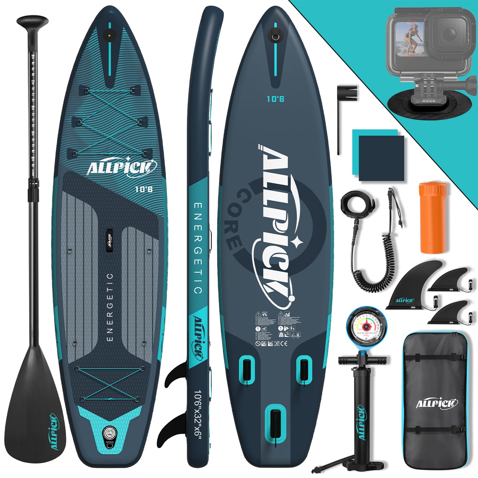 ALLPICK Premium SUP Board Aufblasbar Set - Premium-Grün. Langes, grünes, aufblasbares Paddelboard für Stand-Up-Paddling auf Gewässern.