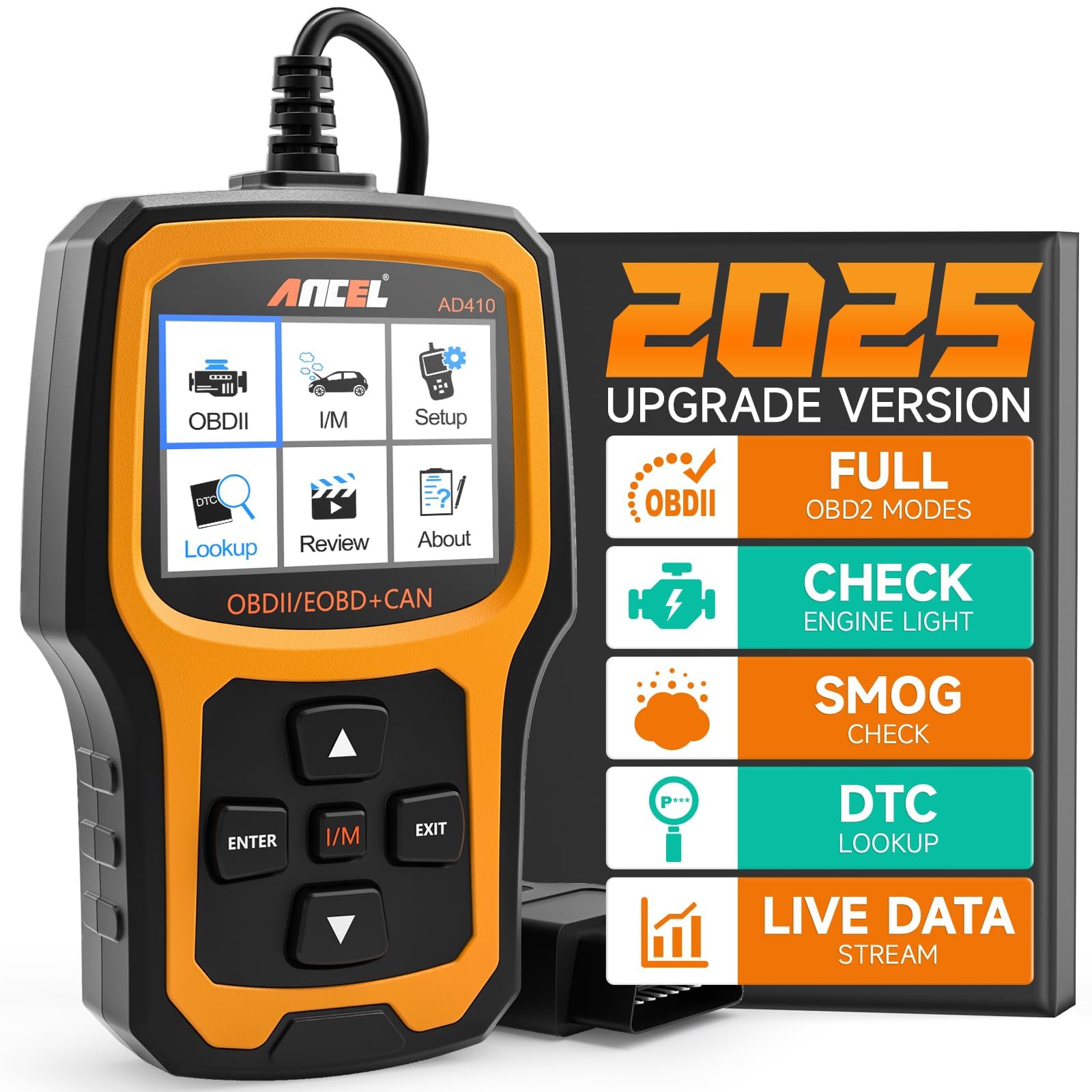 ANCEL AD410 OBD2/EOBD Diagnosegerät Auto. Schwarzes/gelbes Handgerät zum Auslesen von Fehlercodes und Live-Daten für die Fahrzeugdiagnose.
