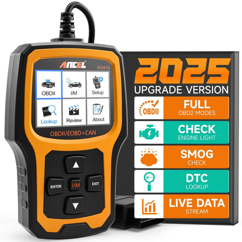ANCEL AD410 OBD2/EOBD Diagnosegerät Auto. Schwarzes/gelbes Handgerät zum Auslesen von Fehlercodes und Live-Daten für die Fahrzeugdiagnose.