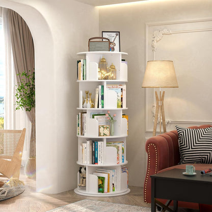 iSunirm Bücherregal drehbar 360 Grad, 5 Etagen, Holz, weiss