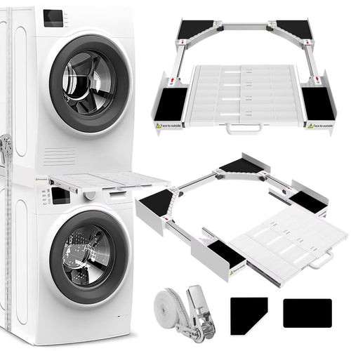 NIUXX Universal Zwischeneinbaurahmen Set für Waschmaschine Trockner mit Regal. Weißer, rechteckiger Metallrahmen mit ausziehbarem Regal zum Stapeln.