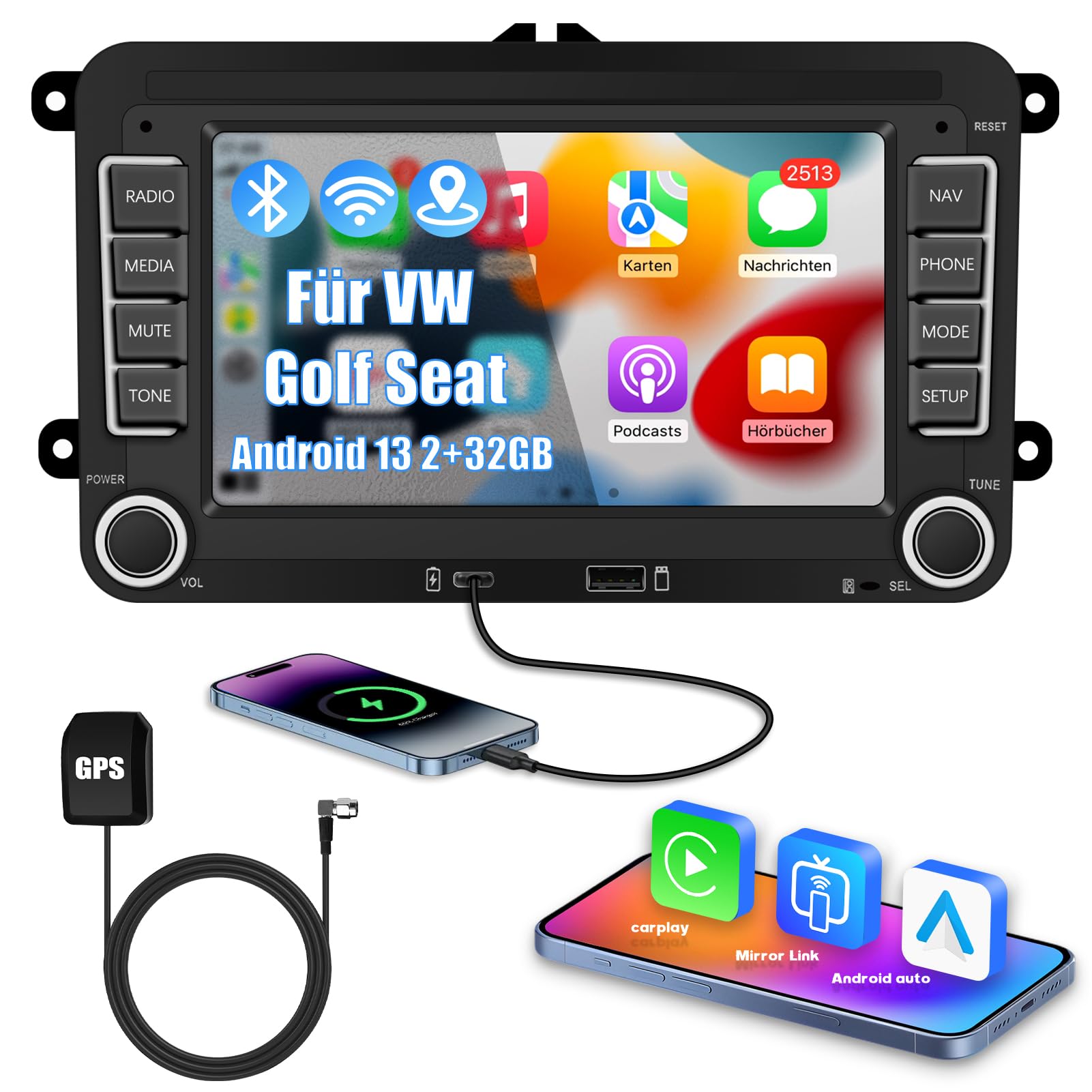 Ledio Autoradio VW Golf 5 6 Polo T5 - 7 Zoll Android 14. Schwarzes Display. Infotainment: Navigation, Medien.