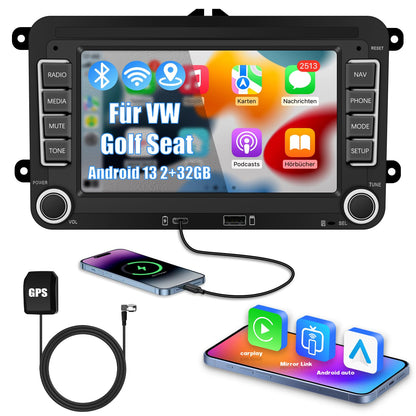 Ledio Autoradio VW Golf 5 6 Polo T5 - 7 Zoll Android 14. Schwarzes Display. Infotainment: Navigation, Medien.