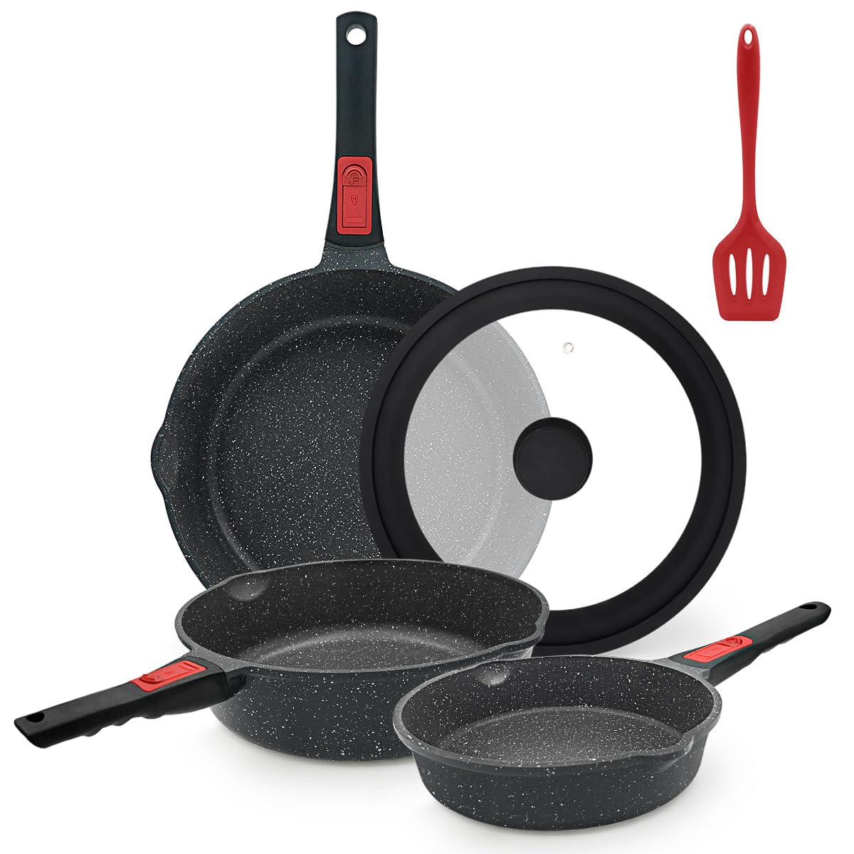AIKENBBKK Pfannenset 5-teilig Antihaft mit abnehmbarem Griff - Schwarz. Runde Pfannen zum Kochen/Braten; Griff abnehmbar.