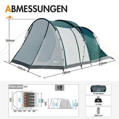 PORTAL 4Plus Familien Campingzelt - 5 Personen Tunnelzelt