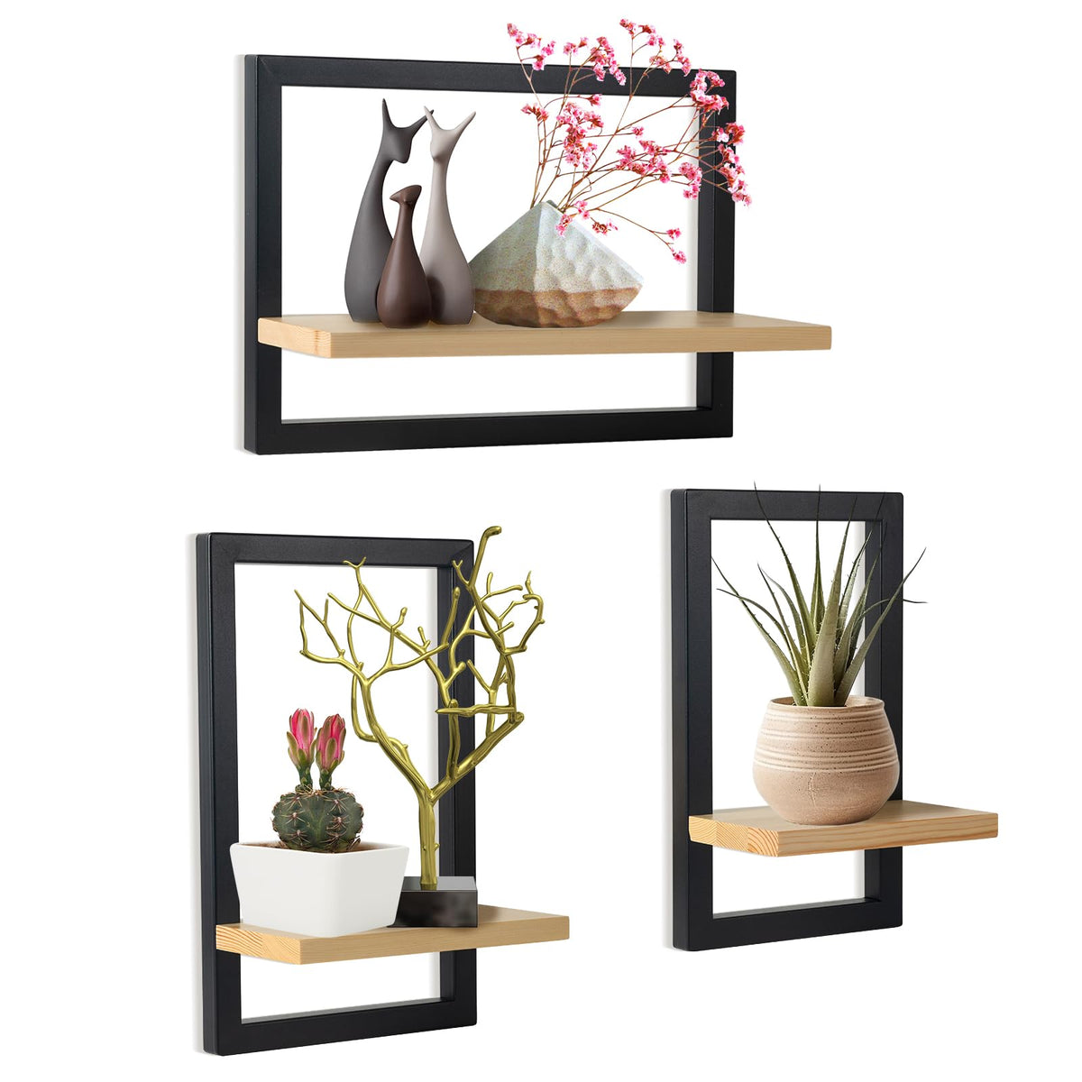hi-home Wandregal 3er-Set, quadratische Schweberegale aus Holz, Braun, Wandmontage