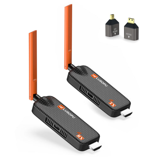 2025 HDMI Wireless TX/RX 4K - Set bis 6 Empfänger, 50m. Schwarze kompakte Einheiten für kabellose 4K HDMI-Funkübertragung bis 50m an 6 Empfänger.