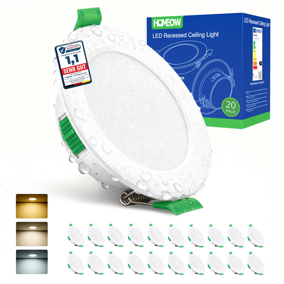 HOMEOW LED Einbaustrahler 20er Set, 5W 400lm, 3 Farbtemperaturen, IP44 – runde, flache Deckenspots