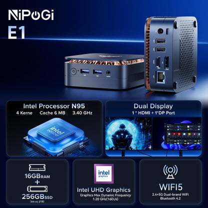 NiPoGi Essenx E1 Mini PC - Intel N95, 16GB RAM, 256GB SSD
