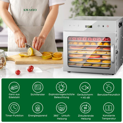 Kwasyo Dörrautomat Edelstahl, 8 Etagen mit 6er Dörrfolie, Rezeptbuch, BPA-frei, 30–90 ℃ Temperatureinstellung, max. 24 Stunden, Dörrautomat für Gemüse, Fleisch, Obst