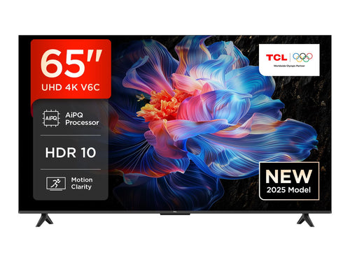 TCL 65V6C 4K HDR Direct LED Google Smart TV - 65 Zoll. Schwarzer, rechteckiger Flachbildfernseher.