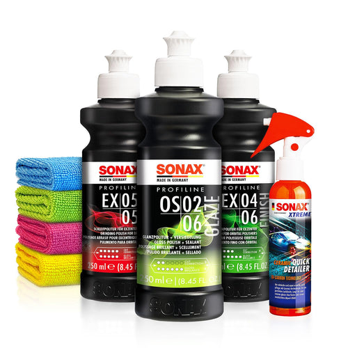 Shiny Freaks Politur Set mit Sonax ExCut und Ceramic Spray, 8-teilig – Lackkorrektur und Versiegelung